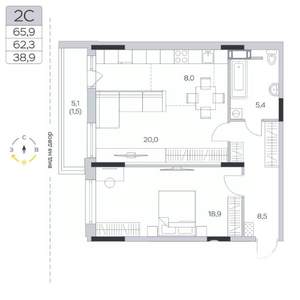 2-к квартира, строящийся дом, 63м2, 5/9 этаж