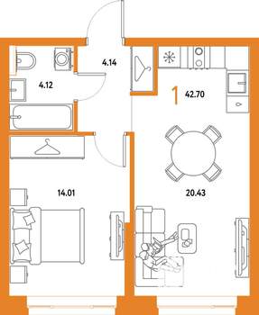 1-к квартира, вторичка, 43м2, 19/25 этаж