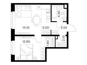 2-к квартира, строящийся дом, 44м2, 22/23 этаж