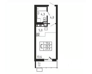 Студия квартира, вторичка, 28м2, 4/9 этаж