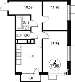 2-к квартира, строящийся дом, 55м2, 3/4 этаж