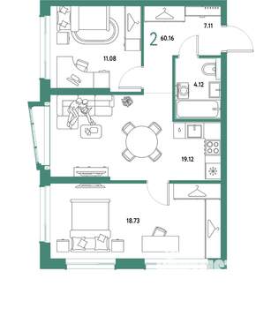 2-к квартира, строящийся дом, 60м2, 4/25 этаж