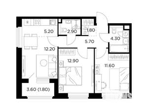 3-к квартира, строящийся дом, 58м2, 13/20 этаж