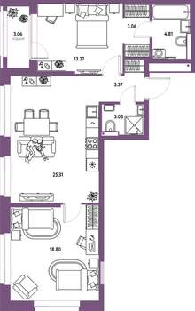 3-к квартира, строящийся дом, 75м2, 22/25 этаж