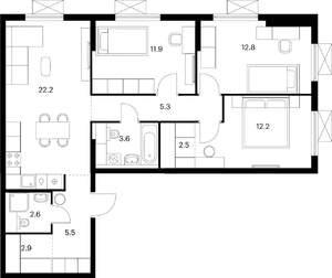 3-к квартира, вторичка, 82м2, 24/24 этаж