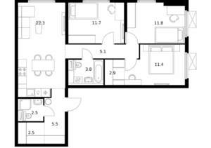 3-к квартира, вторичка, 80м2, 22/25 этаж