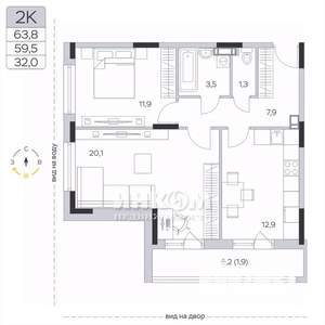 2-к квартира, вторичка, 60м2, 6/6 этаж