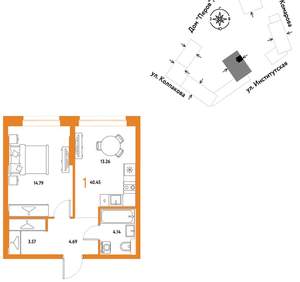 1-к квартира, вторичка, 40м2, 3/6 этаж