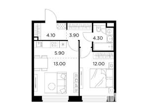 2-к квартира, строящийся дом, 43м2, 18/23 этаж
