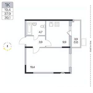 1-к квартира, вторичка, 39м2, 6/9 этаж