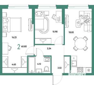 2-к квартира, строящийся дом, 61м2, 5/25 этаж