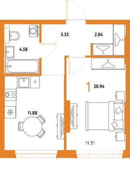 1-к квартира, строящийся дом, 39м2, 3/25 этаж