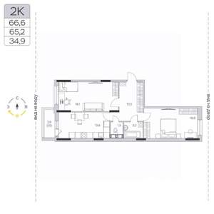 2-к квартира, строящийся дом, 65м2, 8/9 этаж