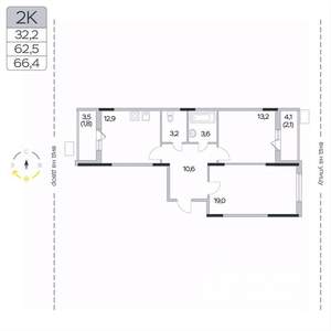 2-к квартира, вторичка, 66м2, 2/9 этаж