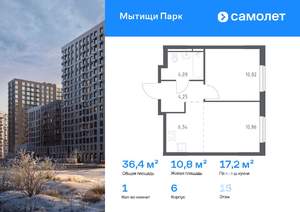 1-к квартира, вторичка, 36м2, 15/17 этаж