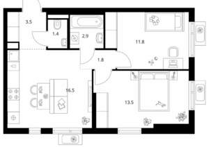 2-к квартира, вторичка, 51м2, 9/25 этаж