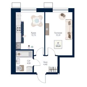 1-к квартира, строящийся дом, 35м2, 12/21 этаж