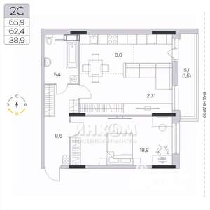 2-к квартира, вторичка, 62м2, 9/9 этаж