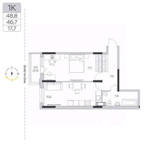 1-к квартира, строящийся дом, 47м2, 8/9 этаж