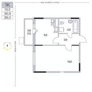 1-к квартира, вторичка, 38м2, 4/9 этаж