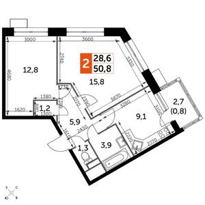 2-к квартира, строящийся дом, 52м2, 17/22 этаж