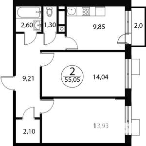 2-к квартира, строящийся дом, 55м2, 1/4 этаж