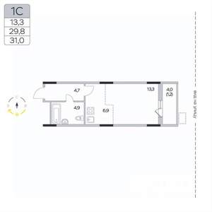 Студия квартира, вторичка, 31м2, 6/9 этаж