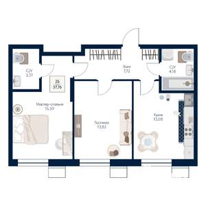2-к квартира, строящийся дом, 58м2, 9/21 этаж