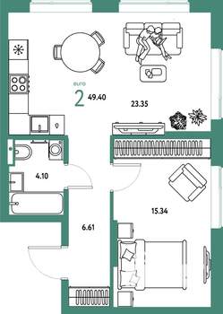 2-к квартира, строящийся дом, 49м2, 13/25 этаж