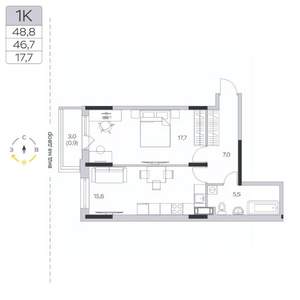 1-к квартира, строящийся дом, 47м2, 9/9 этаж