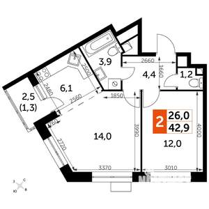 2-к квартира, строящийся дом, 44м2, 7/22 этаж
