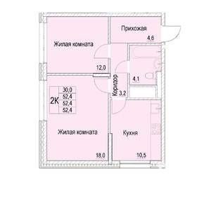 2-к квартира, строящийся дом, 52м2, 21/23 этаж