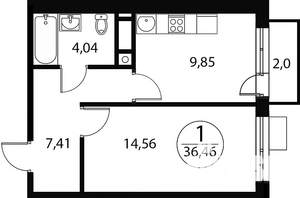 1-к квартира, строящийся дом, 36м2, 4/4 этаж