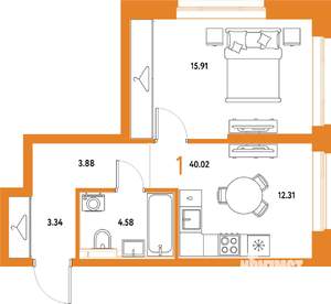 1-к квартира, строящийся дом, 40м2, 14/25 этаж