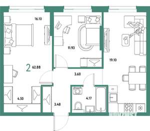 2-к квартира, строящийся дом, 63м2, 10/25 этаж