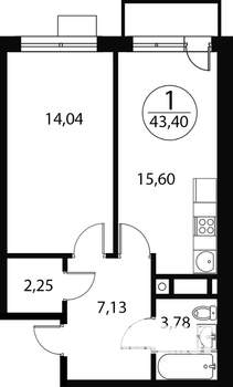 1-к квартира, строящийся дом, 43м2, 3/4 этаж