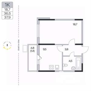 1-к квартира, вторичка, 38м2, 3/9 этаж