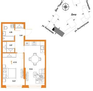 1-к квартира, вторичка, 47м2, 4/6 этаж