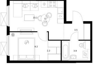 1-к квартира, вторичка, 34м2, 2/25 этаж