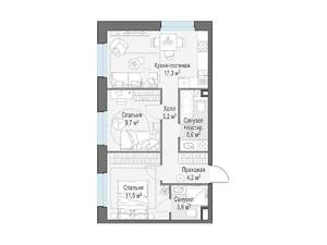 2-к квартира, строящийся дом, 55м2, 19/23 этаж