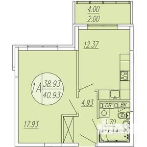 1-к квартира, строящийся дом, 41м2, 1/4 этаж