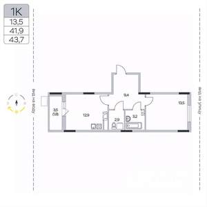 1-к квартира, вторичка, 44м2, 3/9 этаж
