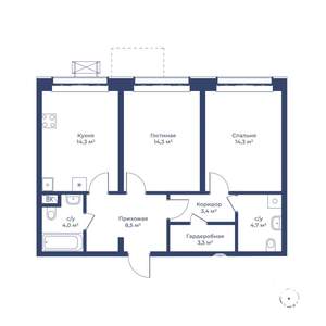 2-к квартира, строящийся дом, 67м2, 1/24 этаж