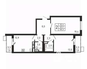 2-к квартира, вторичка, 66м2, 2/9 этаж