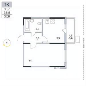 1-к квартира, вторичка, 38м2, 2/9 этаж