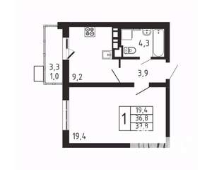 1-к квартира, вторичка, 38м2, 6/9 этаж