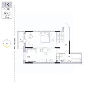 1-к квартира, строящийся дом, 47м2, 4/9 этаж