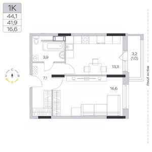1-к квартира, вторичка, 42м2, 5/9 этаж
