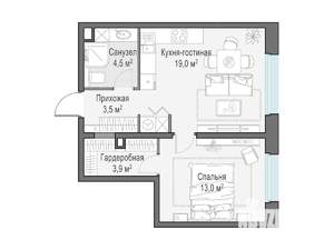 2-к квартира, строящийся дом, 44м2, 23/23 этаж