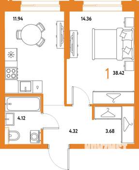 1-к квартира, строящийся дом, 38м2, 6/25 этаж